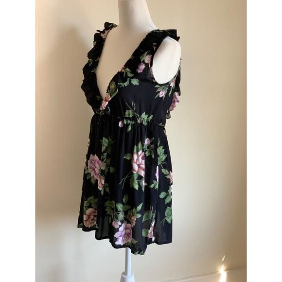 Blue Life Floral Ruffled Mini Dress Black Deep V Low Back XS Black Whimsigoth - Picture 3 of 8